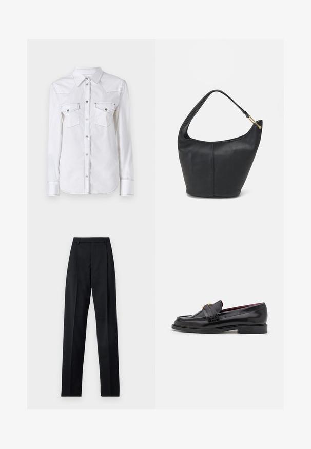 Bílá košile s dlouhým rukávem a špičatým límcem, dvěma náprsními kapsami, kontrastním šitím a zaobleným lemem. Obsahuje kovové knoflíky.; Černé kalhoty vyrobené z hladké tkaniny, vybavené vysokým pasem, širokými nohavicemi, předními záhyby a klasickými poutky na opasek. Nejsou viditelné boční kapsy.; Černé kožené mokasíny se šitým vzorem, hladkým povrchem, zlatou sponou a zakulacenou špičkou, umístěné na nízké černé podrážce.; Černá kožená kabelka zaobleného tvaru, s širokým popruhem a texturovaným povrchem. Obsahuje jemné švy a akcenty ve zlatém tónu.