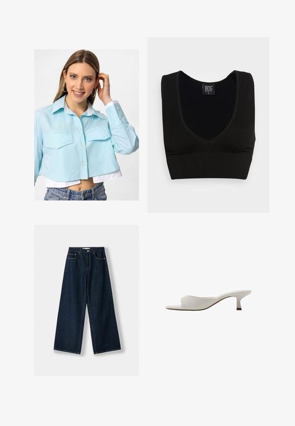 Kurzärmliges hellblaues Hemd mit Knopfverschluss, zwei Vorderaschen und weißem Kragen. Der Stoff hat eine glatte Textur und ein lässiges Design.; Schwarzes, geripptes Crop-Top mit breiten Trägern und einem tiefen V-Ausschnitt. Das Etikett trägt die Aufschrift "BDG", Größe S, mit einer glatten Textur und passgenauer Form.; Dunkelblaue, weit geschnittene Jeans aus Denim. Verfügt über fünf Taschen, einen Knopf- und Reißverschluss sowie Kontrastnähte.; Weiße offene Mules mit geschwungenem Design, niedrigem Absatz, glatter Textur und einem dezenten gestickten Muster. Brauner Akzent am Absatzboden.