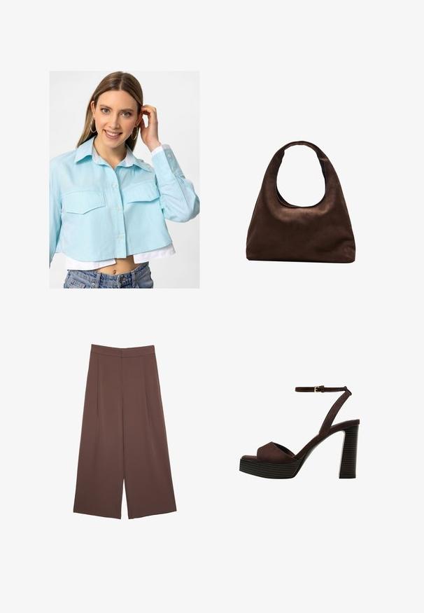Cropped light blue shirt with button closure, two front pockets, and a white collar. Material has a smooth texture, casual design.; Brown wide-leg trousers with a smooth texture, featuring a high waist and front pleats. The fabric is lightweight and flows loosely.; Brown suede high-heeled sandal with an open toe, adjustable ankle strap, and a striped platform sole.; Soft brown hobo-style handbag with a single wide strap and a curved top handle opening, displayed on a white background.