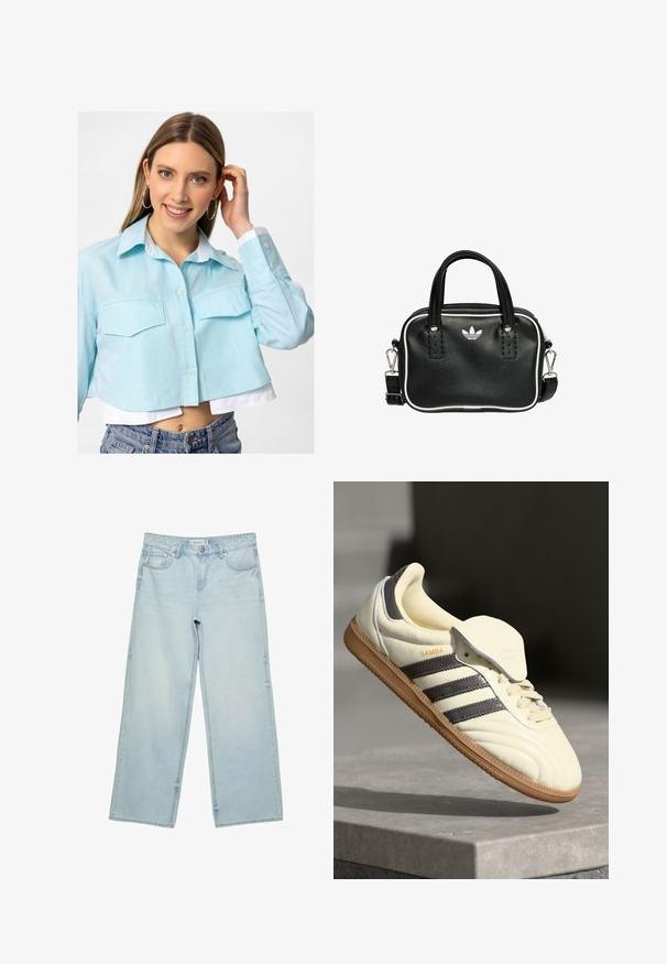 Skåret lys blå skjorte med knaplukning, to frontlommer og en hvid krave. Materialet har en glat tekstur og et afslappet design.; Lysblå vide jeans i denim med høj talje, fem lommer og subtilt slid. Lige skæring med opklippede kanter.; Cremefarvede lædersneakers med tre mørke striber, en brun gummisål og en afrundet tå. Har en foldbar tunge mærket "SAMBA."; Sort læderhandtaske med to korte håndtag, sølvhardware, hvide accenter og et hvidt logo. Har en struktureret overflade og et kompakt design.