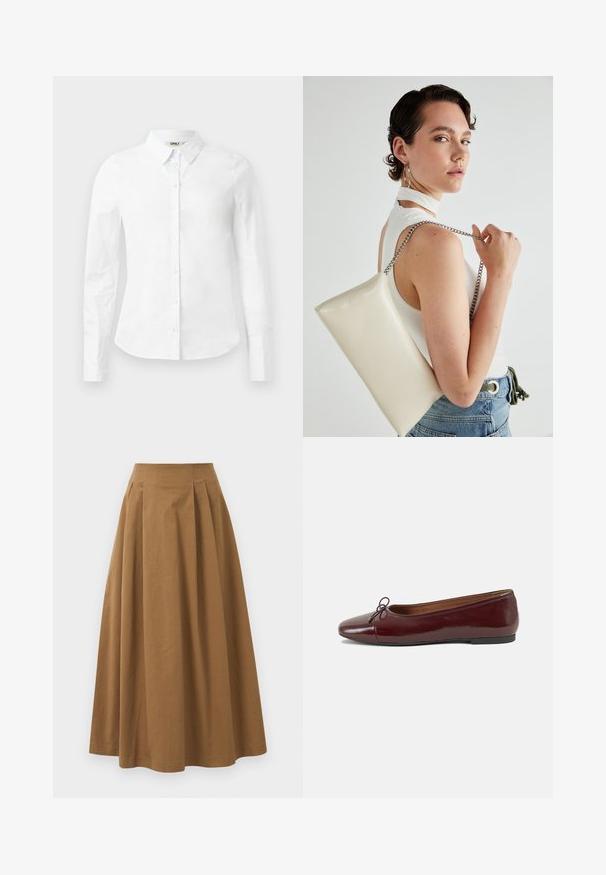 Biela košeľa s dlhými rukávmi a gombíkovým zapínaním, vyrobená z bavlny; má klasický golier a predné gombíkové zapínanie. Hladká textúra, štandardný strih.; Hnedá bavlnená sukňa A-línie s vysokým pásom, so skladmi vpredu a hladkou textúrou. Hranice sú čisté a jednoduché.; Burgundské lakované balerínky s okrúhlou špičkou, malou mašľou na prednej strane a nízkou čiernou gumovou podrážkou. Hladký povrch.; Biely obdĺžnikový kabelka z lesklého materiálu s strieborným reťazovým popruhom. Model predvádza kabelku na jednotnom pozadí.