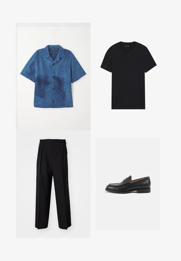 Camicia blu a maniche corte realizzata in tessuto morbido, caratterizzata da una tasca frontale, bottoni neri e una texture unica con motivi blu scuri.; T-shirt nera in cotone con maniche corte e scollatura rotonda. Il tessuto ha una consistenza liscia e un design semplice, tinta unita.; Pantaloni neri a pieghe con un design dritto e gamba larga. Realizzati in tessuto morbido, con chiusura a bottone e passanti per cintura.; Mocassini in pelle nera con finitura liscia, punta arrotondata e cuciture decorative sulla tomaia. Tacco basso impilato e leggero lucido.