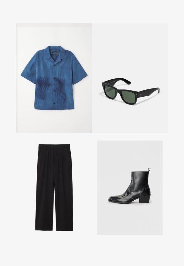 Blauw kortom mouwen shirt van zachte stof met een voorkant zak, zwarte knopen en een unieke textuur met donkerblauwe patronen.; Zwarte wijde broek met geplooide voorkant, zijzakken en een gladde stoftextuur. Ontworpen voor een ontspannen pasvorm.; Zwarte leren enkellaarzen met een vierkante neus, decoratieve stiksels en een lage blokhak. Voorzien van een trekband voor eenvoudig aan- en uittrekken.; Zwarte rechthoekige zonnebril met groene lenzen, matte afwerking, subtiele hardwareaccenten en een gegraveerd logo op de slaap.