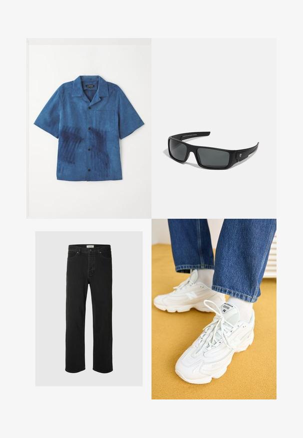 Sininen lyhythihainen paita pehmeästä kankaasta, jossa on etutasku, mustat napit ja ainutlaatuinen rakenne tummemmilla sinisillä kuvioilla.; Mustat farkut suoranlahkeiset, joissa on klassinen viisi taskua -design, nappisuljenta, minimaalinen ommel ja pehmeä tekstuuri.; Valkoiset New Balance 1000 -tennarit, joissa on verkko- ja nahkamateriaaleja, pyöreä kärki, teksturoitu muotoilu ja nauhakiinnitys. Yhdistetty sinisiin farkkuihin.; Mustat aurinkolasit, joissa on suorakulmainen kehys, tummanharmaat linssit ja sileä muovipinta. Huomiota herättävä logo aksentti sivulla.