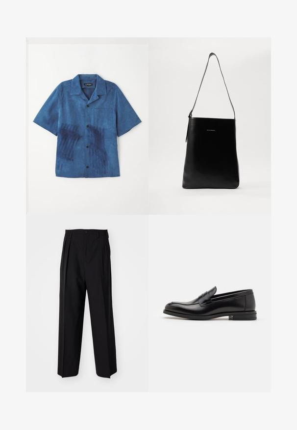 Plava košulja kratkih rukava od mekog materijala, s prednjim džepom, crnim dugmadima i jedinstvenom teksturom s tamnijim plavim uzorcima.; Crne plisirane hlače s ravnim širokim nogavicama. Izrađene od glatkog materijala, s dugmadi za zatvaranje i petljama za remen.; Crni kožni mokasini s glatkom teksturom, zaobljenim prstima i ukrasnom trakom preko prednjeg dijela. Niski slojeviti potplat, minimalistički dizajn.; Crna kožna torba preko ramena s glatkom teksturom, pravokutnim oblikom i dugim remenom; ima mali bijeli logo u sredini.
