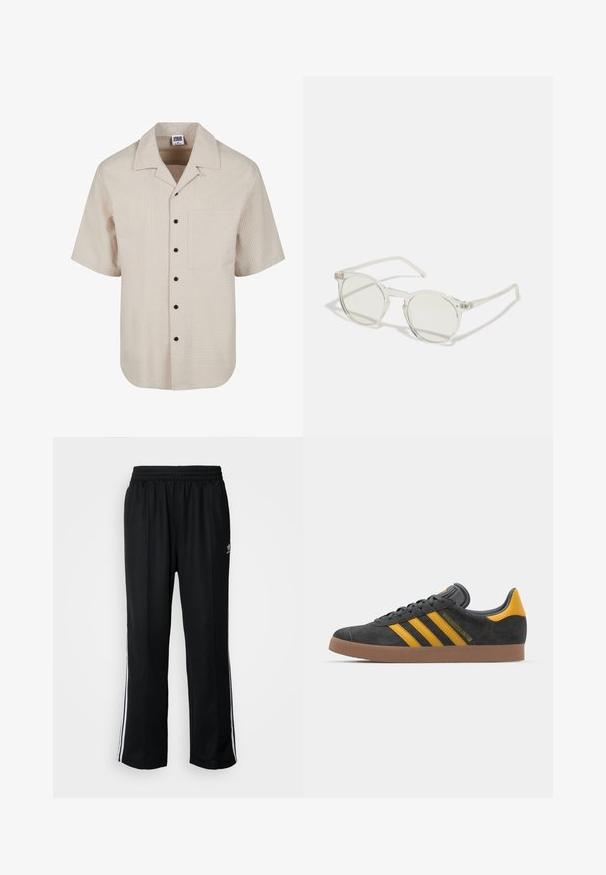 Kurzarmhemd in hellbeige mit strukturiertem Karomuster, mit Kragen und schwarzen Knopfdetails; verfügt über eine Brusttasche.; Schwarzes Baumwoll-T-Shirt mit Rundhalsausschnitt, kurzen Ärmeln und einem kleinen farbigen Etikett auf der linken Brust, das das Wort "SUPERIOR" zeigt.; Schwarze Sporthosen mit elastischem Bund, ausgestattet mit weißen Seitenstreifen und einem kleinen Logo. Das Material wirkt weich und leicht.; Schwarze Wildledersneaker mit gelben Akzenten, ausgestattet mit drei Streifen und einer braunen Gummisohle. Enthält eine gepolsterte Zunge für zusätzlichen Komfort.; Runde Sonnenbrillen mit transparentem Rahmen, hellgrünen Gläsern und dünnen, klaren Bügeln. Besitzt dezente Hardware-Elemente am Rahmen.