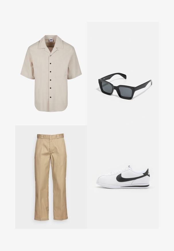 Camicia a maniche corte di un beige chiaro con un motivo a quadretti testurizzati, design con colletto e dettagli con bottoni neri; presenta una tasca sul petto.; Pantaloni khaki con un design a gamba dritta, realizzati in un tessuto resistente, con una trama liscia e una doppia piega frontale per un tocco di dettaglio in più.; Sneaker in pelle bianca con logo Nike nero, lacci piatti e suola in gomma testurizzata. Punta arrotondata e collare imbottito per il comfort.; Occhiali da sole neri rettangolari con lenti scure. Montatura in plastica con una finitura lucida, caratterizzati da un ponte ampio e braccia leggermente affusolate.