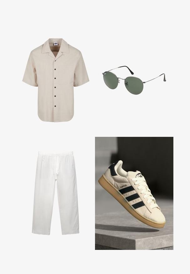 Camicia a maniche corte di un beige chiaro con un motivo a quadretti testurizzati, design con colletto e dettagli con bottoni neri; presenta una tasca sul petto.; Pantaloni bianchi in lino con cintura elastica e cordoncino, design a gamba ampia e cuciture pulite. Texture liscia con vestibilità casual.; Sneaker in suede beige con tre strisce blu scuro, lacci bianchi e suola in gomma beige. Presenta un logo sulla linguetta e il testo "CAMPUS".; Occhiali da sole con montatura in metallo e lenti verdi ovali. Montatura sottile in metallo argento e terminali neri. Design minimalista, senza loghi visibili.