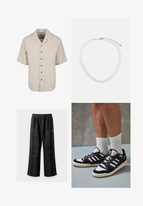 Lyhythihainen paita vaaleanbeigessä, jossa on teksturoitu ruutukuosi, kauluksellinen muotoilu ja mustat napit; sisältää rintataskun.; Mustat ruudulliset housut, joissa on joustava vyötärö, kaksi etutaskua ja rento istuvuus suoralla lahkeella. Valmistettu kevyestä materiaalista.; Valkoiset ja mustat tennarit, joissa on mokkanahka- ja nahkapäällinen, kolme valkoista raitaa, rei'itetty kärki ja kumipohja.; Valkoinen helminauha, jossa on tasainen pyöreä muoto, sileä pinta ja metallisolki, jossa on pidennysketju säädettävää pituutta varten.