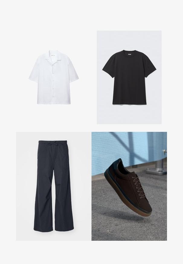 Lyhythempärinen valkoinen nappipaita, joka on valmistettu sileästä kankaasta, klassisella kauluksella ja rento istuvuus. Ei näkyviä kuvioita tai koristeita.; Mustat lyhythihaiset t-paidat, jotka on valmistettu puuvillasta. Ominaisuuksiin kuuluu pyöreä kaula-aukko ja rento istuvuus. Yksinkertainen muotoilu ilman näkyviä kuvioita tai koristeita.; Housut, joissa on leveät lahkeet, valmistettu mustasta kankaasta. Niissä on joustava vyötärö, jossa on kiristysnaru, sekä kaksi sivutaskua. Tasainen koostumus ja rento muotoilu.; Ruskeat lenkkarit, joissa on sileä mokkanahka päällinen, pyöreä kärki ja mustat nahkaosuudet. Varustettu ruskeilla nauhoilla, kumipohjalla ja hienovaraisilla rei'itys detaililla.