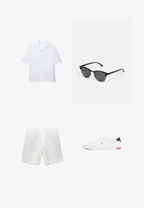 Camicia bianca a maniche corte con bottoni, realizzata in tessuto soffice, caratterizzata da un colletto classico e una vestibilità casual. Nessun motivo o dettaglio visibile.; Shorts bianchi in cotone con vita elasticizzata e cordino, tasche laterali e taglio dritto con orli rifiniti.; Sneakers bianchi a punta bassa realizzati in pelle liscia. Presentano una tomaia blu navy sul tallone e un accento rosso sulla suola. Sei occhielli per i lacci.; Occhiali da sole neri con lenti rotonde, finitura opaca e forma distintiva a occhio di gatto. Astine sottili con un branding discreto sulla tempia sinistra.