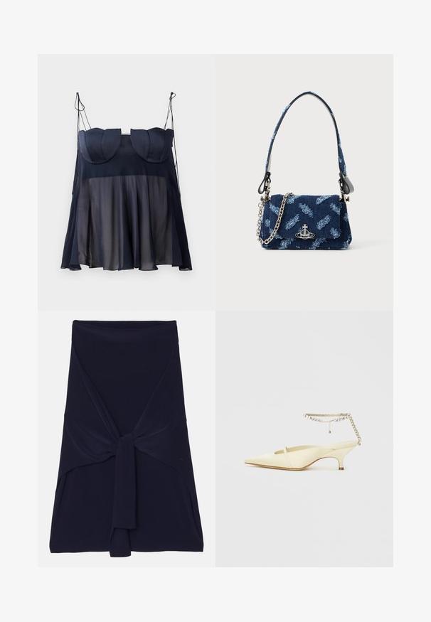 Granatowa, bezrękawnikowa bluzka o warstwowej konstrukcji, z miękką, przezroczystą dolną częścią i usztywnioną górą z закrzywionymi akcentami. Regulowane ramiączka.; Granatowa spódnica o kroju kopertowym, wykonana z miękkiego, elastycznego materiału z węzłowym wzorem z przodu, charakteryzująca się gładką teksturą i starannie wykończonymi krawędziami.; Żółta satynowa szpilka z wąskim noskiem i niskim obcasem, z dekoracyjnym paskiem na kostkę ozdobionym łańcuchem z cyrkoniami. Gładka tekstura, minimalistyczny design.; Granatowa torebka z tkaniny o textured wzorze, ze srebrnymi akcentami i odpinanym łańcuchem. Posiada zapięcie na klapkę oraz akcent z logo.