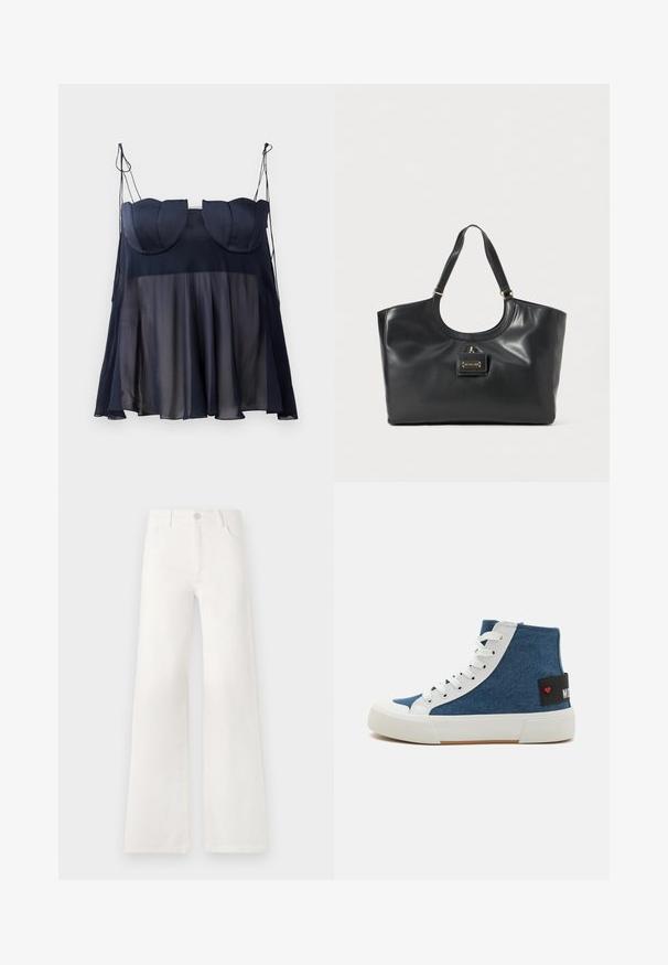 Top sem mangas azul-marinho com um design em camadas, apresentando uma parte inferior suave e transparente e uma parte superior estruturada com acentos curvados. Alças ajustáveis.; Jeans brancos, de cintura alta e pernas largas, feitos de denim. Apresentam um fecho de botão, dois bolsos frontais e costuras detalhadas nas laterais.; Tenis de cano alto em denim azul com atacadores brancos e sola de borracha. Apresenta um patch preto com um coração vermelho e texto branco na lateral.; Bolsa tote em couro preto com um acabamento brilhante, topo curvado, duas alças para o ombro e um detalhe em metal dourado na frente.