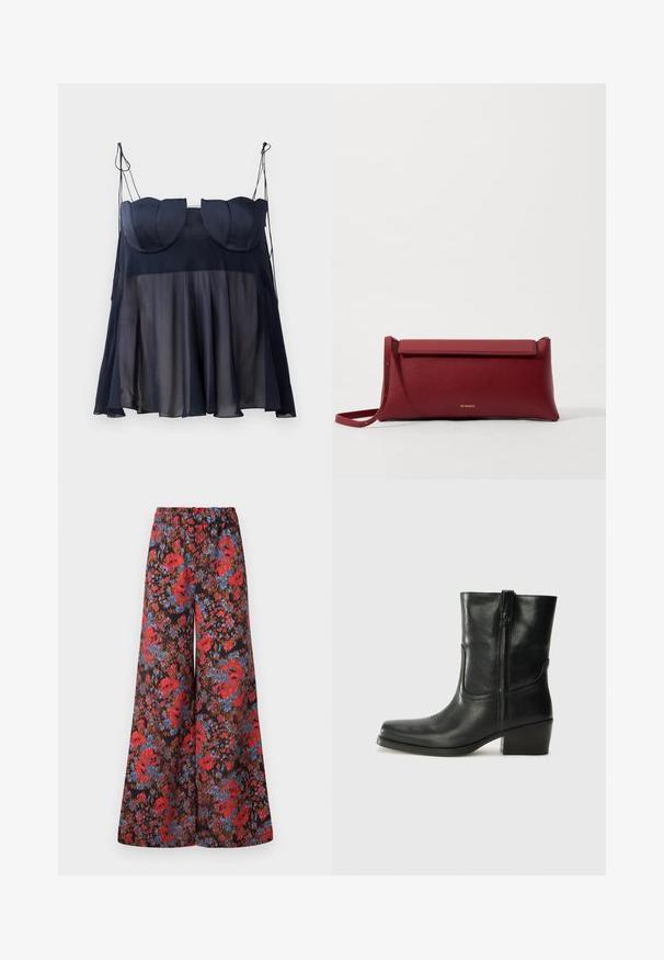 Navy blue sleeveless top with a layered design, featuring a soft, sheer lower half and structured upper with curved accents. Adjustable straps.; Wide-leg trousers featuring a black fabric adorned with a vibrant floral pattern in red and blue, with an elastic waistband for comfort.; Black leather ankle boot with a rounded toe, block heel, side zipper, and stitching accents on the vamp. Smooth texture, classic design.; Red leather clutch bag with a textured finish, featuring a flat fold-over top and a short strap. Subtle brand logo on the front.