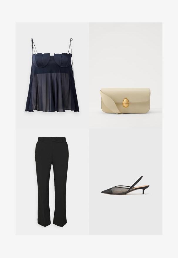 Sötétkék, ujjatlan felső, rétegelt kialakítással, puha, áttetsző alsó résszel és ívelt díszítéssel rendelkező, formázott felső résszel. Állítható pántokkal.; Fekete, szabott nadrág egyenes szárú kialakítással, övhurkokkal és oldalsó zsebekkel. Simább anyagból készült, tiszta kivitelben.; NEOUS IRENA - Klasszikus sarkú cipők - black; Beige bőrtáska sima textúrával, téglalap alakban, arany ovális zárral. Hosszú, állítható pánttal rendelkezik.