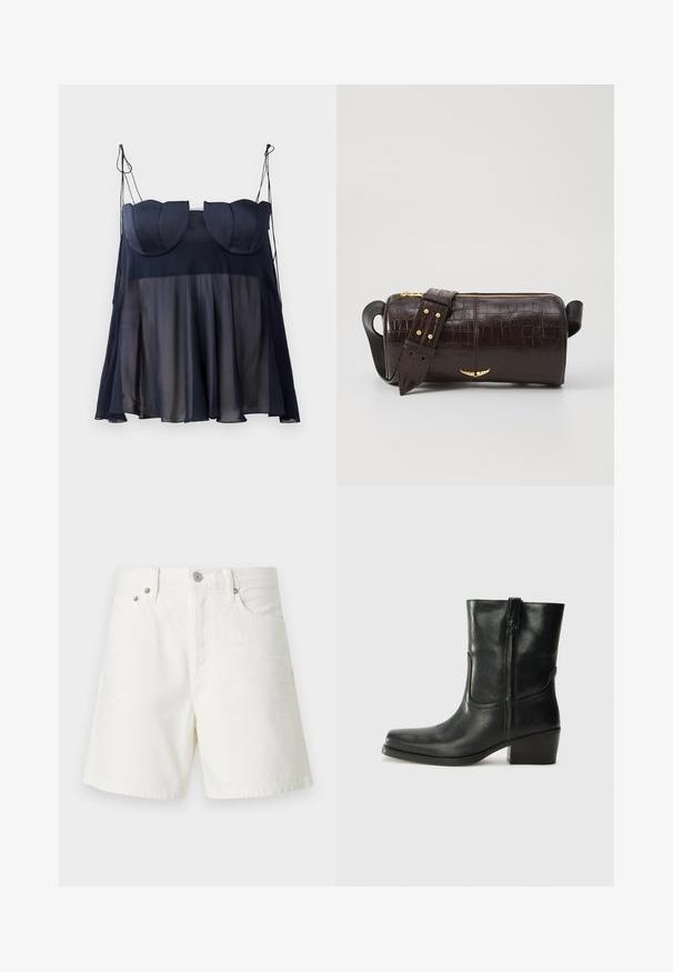 Navy blue sleeveless top with a layered design, featuring a soft, sheer lower half and structured upper with curved accents. Adjustable straps.; White denim shorts with a straight cut, five-pocket design, front button closure, silver hardware, and stitched detailing.; Black leather ankle boot with a rounded toe, block heel, side zipper, and stitching accents on the vamp. Smooth texture, classic design.; Brown crocodile-embossed leather bag with a cylindrical shape, gold-tone hardware, and a detachable strap featuring studs.