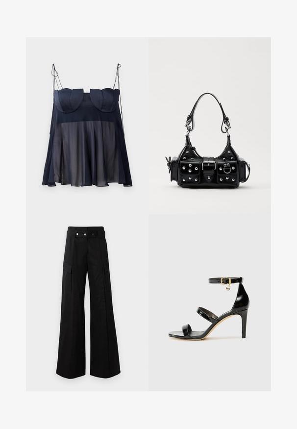 Sötétkék, ujjatlan felső, rétegelt kialakítással, puha, áttetsző alsó résszel és ívelt díszítéssel rendelkező, formázott felső résszel. Állítható pántokkal.; Fekete, bő szárú nadrág magas derékkal, nagyméretű oldalsó zsebekkel, két elülső gombbal és hurok részlettel. Tartós anyagból készült.; Fekete lakk bőr szandál három pánttal, bokapánttal és 10 cm magasságú tűsarokkal. Arany színű részletekkel és logó charm-mal rendelkezik.; Fekete bőr kézitáska ívelt designnal, ezüst szegecsekkel, csattal és két oldalsó zsebbel. Állítható vállpánt a hordozási lehetőségekhez.