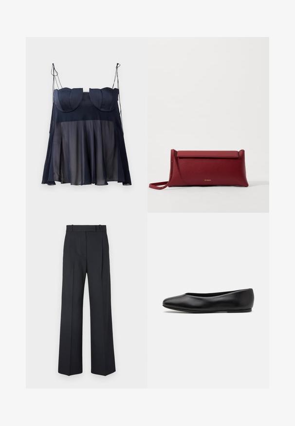 Navy blue sleeveless top with a layered design, featuring a soft, sheer lower half and structured upper with curved accents. Adjustable straps.; Dark blue pinstriped trousers with a high waist, wide leg design, and no visible hardware or embellishments. Smooth texture and tailored fit.; Paul Smith TOPANGA - Ballet pumps - black; Red leather clutch bag with a textured finish, featuring a flat fold-over top and a short strap. Subtle brand logo on the front.