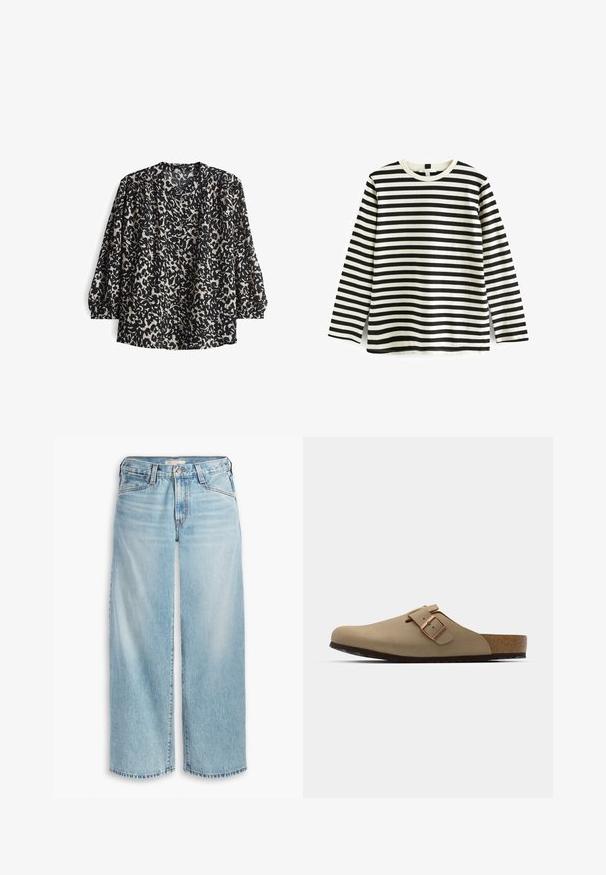 Blusa nera con un motivo astratto crema, caratterizzata da un scollo a V, chiusura con bottoni e maniche arricciate per una vestibilità rilassata. Tessuto testurizzato.; T-shirt in cotone a maniche lunghe con righe orizzontali bianche e nere, colletto rotondo e texture morbida. Nessun hardware o accessori visibili.; Jeans ampi di colore blu chiaro realizzati in denim, con vita alta, chiusura a bottoni e orlo sfilacciato. Cuciture e tasche visibili.; Zoccoli beige con punta arrotondata, accentati da una fibbia regolabile e con tappetino in sughero. Superficie texturizzata con suola in gomma nera per una migliore aderenza.