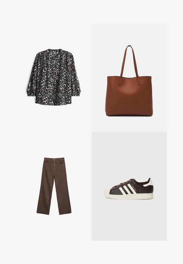 Schwarze Bluse mit einem cremefarbenen abstrakten Muster, V-Ausschnitt, Knopfverschluss vorne und gerafften Ärmeln für eine lockere Passform. Strukturierter Stoff.; Weite braune Jeans aus Denim, mit hoher Taille, Fronttaschen und klassischem Knopfverschluss. Glatte Textur mit feinen Nähten.; Low-Top Adidas Superstar Sneaker aus dunkelbraunem Leder mit cremefarbener Schale an der Spitze, weißen Streifen und dem Schriftzug "Superstar" an der Seite.; Braune Leder-Tote mit glatter Textur, offenem Oberteil und zwei Schulterriemen. Verfügt über minimale Nähte und keine sichtbaren Beschläge.
