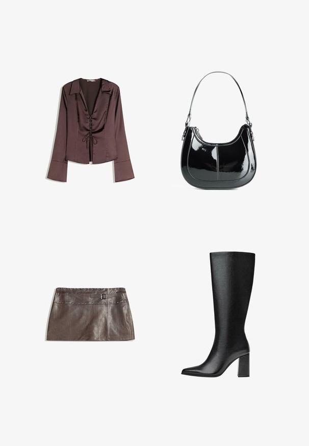 Hnedá saténová blúzka s dlhým rukávom a hlbokým V-výstrihom, šnurovaním vpredu a rozšírenými rukávmi; hladká textúra a štruktúrovaný dizajn.; Hnedá kožená mini sukňa s ozdobným pásom na trakoch a pútkom na opasok s prackou, hladká textúra a elegantný, rovný strih.; Čierne vysoké čižmy po kolená vyrobené z umelej kože, s špicatou špičkou, hladkým povrchom a robustným blokovým podpätkom. Minimalistický design bez viditeľných akcentov.; Čierna lakovaná kožená kabelka s zakriveným dizajnom, so zipsovým zapínaním a jedným ramenným popruhom, ktorý má strieborné kovanie a akcenty šitia.