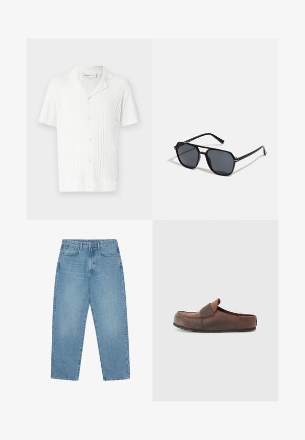 Camicetta bianca a maniche corte con texture a coste, chiusura con bottoni e colletto. Presenta righe verticali per un tocco di dettaglio.; Jeans a gamba larga in denim azzurro chiaro con vita alta, dotati di cinque tasche, passanti per cintura e una consistenza morbida e leggermente sbiadita.; Scarpa in pelle marrone con punta arrotondata, cuciture decorative e suola in gomma testurizzata. Design semplice e accenti minimi.; Occhiali da sole neri con montatura ottagonale, lenti scure, finitura lucida, aste sottili e dettagli dorati sul davanti.