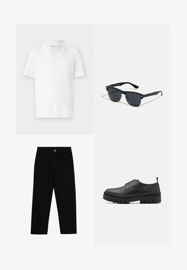 Camisa blanca de manga corta con textura acanalada, cierre de botones y cuello. Presenta rayas verticales para un detalle adicional.; Pantalones de mezclilla negra con corte recto, diseño de cinco bolsillos y cierre frontal con botón. Textura suave con detalles de costura mínimos.; Zapato de cuero negro con punta redonda, diseño con cordones y suela de goma gruesa. Presenta una lengüeta en el talón y acentos texturizados.; Gafas de sol negras con forma rectangular, lentes oscuros, detalles plateados en las patillas y un acabado mate en la montura.