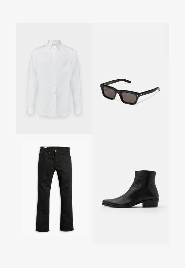Weißes Langarmhemd aus Baumwolle mit einem Button-Down-Kragen, einer einzelnen Brusttasche und einer glatten Textur.; Schwarze Denim-Jeans mit geradem Beinschnitt, fünf Taschen, metallischem Knopfverschluss und dezenten Steppdetails. Glatte Textur und einfarbig.; Schwarze Leder-Ankle-Boots mit spitzer Zehenpartie, minimalen Nähdetails, einem mittelhohen Blockabsatz und einer glatten, polierten Oberfläche.; Schwarze rechteckige Sonnenbrille mit dunklen Gläsern, dickem Kunststoffrahmen, goldenen Akzenten an den Bügeln und eingraviertem Markenlogo am Arm.