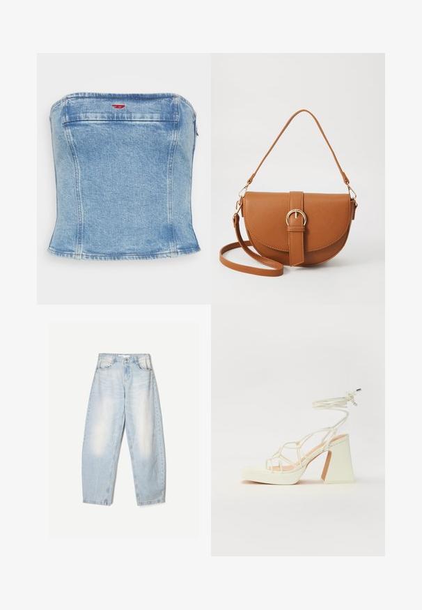 Light blue denim crop top with a fitted design, featuring a straight cut and subtle stitching accents. Zip closure at the back.; Light blue denim jeans with a loose fit, featuring a faded finish, two front pockets, and a button closure at the waistband.; White high-heeled sandal with a chunky heel, featuring a strappy design and ankle tie. Smooth texture with a platform front for added height.; Brown leather crossbody bag with a curved shape, gold hardware, and a buckle accent. Features a detachable shoulder strap.