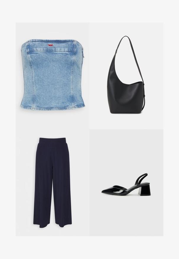 Top corto de mezclilla azul claro con un diseño ajustado, presentando un corte recto y sutilezas en las costuras. Cierre con cremallera en la parte trasera.; Pantalones de pierna ancha en tejido de un oscuro color navy con una textura acanalada. Presenta una cinturilla suave y una silueta fluida, llegando a la altura de las pantorrillas.; Zapatos de tacón slingback de charol negro con punta afilada y tacón geométrico en bloque. Presentan un diseño elegante y minimalista, así como una textura suave.; Bolso tipo hobo de cuero negro con una textura suave, forma curvada y una sola correa ajustable; presenta una amplia apertura en la parte superior.