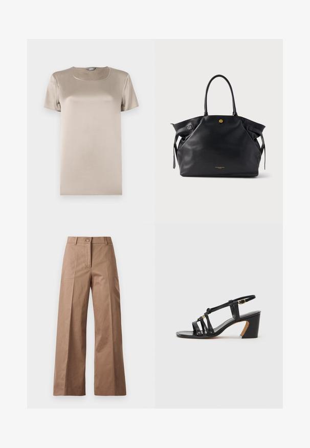Smėlinė trumpų rankovių marškinėliai, pagaminti iš glotnios satino medžiagos, su apvaliu kaklu ir minimalistiniu dizainu be dekoracijų.; Rudos plačios kojų kelnės, pagamintos iš lygios medžiagos, su priekiniais mygtukais, dviem priekinėmis kišenėmis ir švariomis, pritaikytomis linijomis.; Paul Smith AMIRA - Klasikiniai aukštakulniai - black; Juoda odinė pirkinių rankinė su tekstūruotu paviršiumi, auksinės spalvos detalėmis ir dviem apvaliais rankenomis. Turi saugų užsegimą ir minimalistinį prekės ženklo ženklinimą.