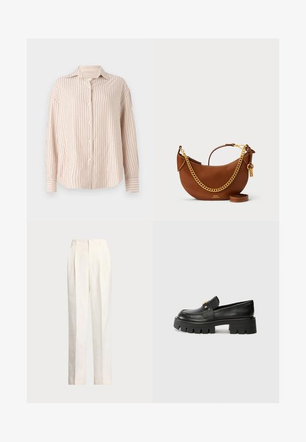 Camisa de botão riscada em off-white com finas riscas verticais vermelhas. Apresenta um colarinho espalhado e mangas longas com terminações abotoadas.; Polo Ralph Lauren HEMP WIDE LEG PANT - Calças - nevis; Mocassins de couro preto com uma sola robusta, apresentando um detalhe em tom dourado na parte da frente e um acabamento suave. Design de solado com cravos robustos.; Bolsa de mão de couro castanho com um design curvado, alça de corrente dourada, bolso interior e uma alça de ombro destacável. Apresenta costura em contraste.