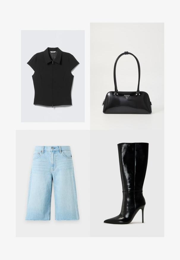 Black fitted short-sleeve blouse with a front zipper and wide collar, laid flat on a white background.; Light blue denim shorts with a loose fit, frayed hem, five pockets, and metal hardware. Classic jeans design with subtle fading.; Black leather knee-high boots with a pointed toe and high stiletto heel. Smooth texture and sleek design, featuring minimal detailing.; Black glossy handbag with a curved silhouette, two handles, and a front logo plaque. Zip closure and shiny hardware accents.
