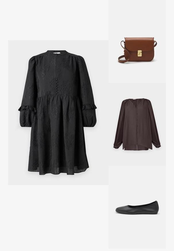 Ilga rankovė, V formos apykaklė marškiniai pagaminti iš lygaus, tekstūruoto audinio. Tamsiai rudos spalvos, su priekiniais mygtukais ir surinktomis pečiais, asimetriniu sijonu.; Hofmann Copenhagen ERLA - Kasdienė suknelė - black; Juodai odiniai baletai su apvaliu pirštu, lygi texture, minimalus siuvimo detales ir lanksčiu padų dizainu.; Ruda odinė rankinė su uždaromu dangteliu, aukso spalvos detalėmis, petneša ir lygiu paviršiumi. Kompaktiška stačiakampio formos.