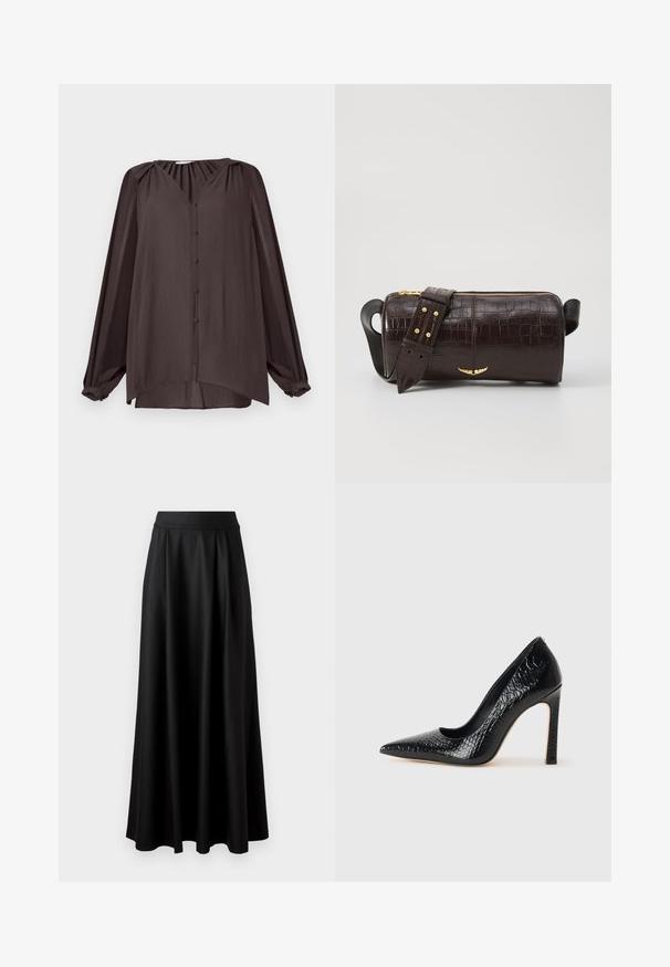 Langrogige, V-hals shirt van glad, gestructureerd stof. Donkerbruine kleur met knopen aan de voorkant en geplooide schouderdetails, asymmetrische zoom.; Zwarte rok tot op de vloer met een gladde textuur, brede tailleband en geplooid ontwerp, zonder zichtbare patronen of versieringen.; Zwarte puntige hoge hak schoen met een krokodillenleren textuur, met een slank ontwerp, hoge stiletto-hak, en een gladde zwarte binnenkant.; Bruine krokodil-embosserende leren tas met een cilindervorm, gouden hardware en een afneembare schouderband met studs.
