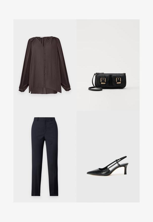 Langermet V-hals skjorte laget av glatt, teksturert stoff. Mørkebrun farge med frontknapper og samlet skulderdetalj, asymmetrisk hem.; Marinefargede skreddersydde bukser med rett snitt, med en glatt tekstur, to frontlommer og en ren linning.; Sorte patent slingback hæl med spids tå, featuring tekstureret slangeskind, justerbar rem og en kort, tekstureret blokhæl.; Svart skinn crossbody veske med to frontlommer, gyldne spenner, glidelåslukking og en slank stropp. Teksturert overflate og kompakt rektangulær form.