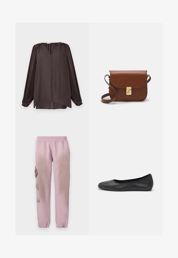 Camicia a maniche lunghe, con scollo a V, realizzata in tessuto liscio e strutturato. Colore marrone scuro con bottoni frontali e dettagli arricciati sulle spalle, orlo asimmetrico.; Pantaloni della tuta rosa con vita elastica, caratterizzati da toppe decorative a forma di diamante sul lato sinistro e polsini elastici alle caviglie.; Pantofole da balletto nere in pelle con punta arrotondata, texture liscia, dettagli di cucitura minimi e design con suola flessibile.; Borsa a tracolla in pelle marrone con chiusura a pattina, hardware color oro, tracolla e una finitura liscia. Forma rettangolare compatta.