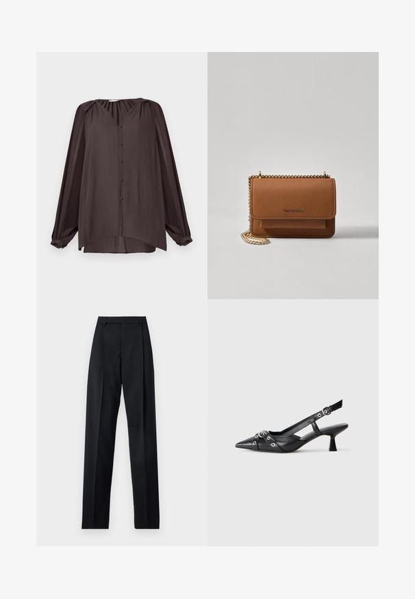 Langrogige, V-hals shirt van glad, gestructureerd stof. Donkerbruine kleur met knopen aan de voorkant en geplooide schouderdetails, asymmetrische zoom.; Zwarte broek gemaakt van gladde stof met een hoge taille, wijde benen, voorplooien en klassieke ceintuurlussen. Geen zijzakken zichtbaar.; Zwarte leren slingback schoen met een puntige neus, decoratieve banden met metalen oogjes en een lage blokhak. Textuur oppervlak.; Bruine lederen schoudertas met textuur, voorzien van een gouden kettingstrap en klepsluiting. De voorkant heeft een logo-detail en een zak onder de klep.
