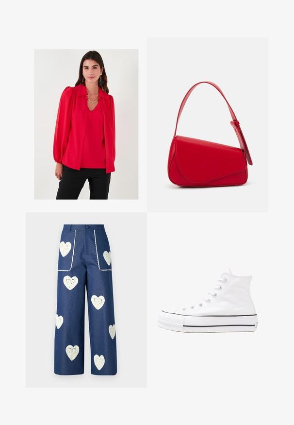 Rote Bluse mit Kragen, Ballonärmeln, glatter Textur, geschichtetem Design und V-Ausschnitt. Über einem passenden Top getragen. Schwarze Hose.; Sister Jane HEART TO HEART - Jeans Straight Leg - blue denim; Weiße hochwertige Leinensneaker mit schwarzer Gummisohle, vorderem Gummizehenschutz und sechs Ösen für Schnürsenkel, die ein sauberes, minimalistisches Design aufweisen.; Rote Lederhandtasche mit einem kantigen, geometrischen Design. Verfügt über einen verstellbaren Schulterriemen und einen Klappenverschluss mit genähten Details.