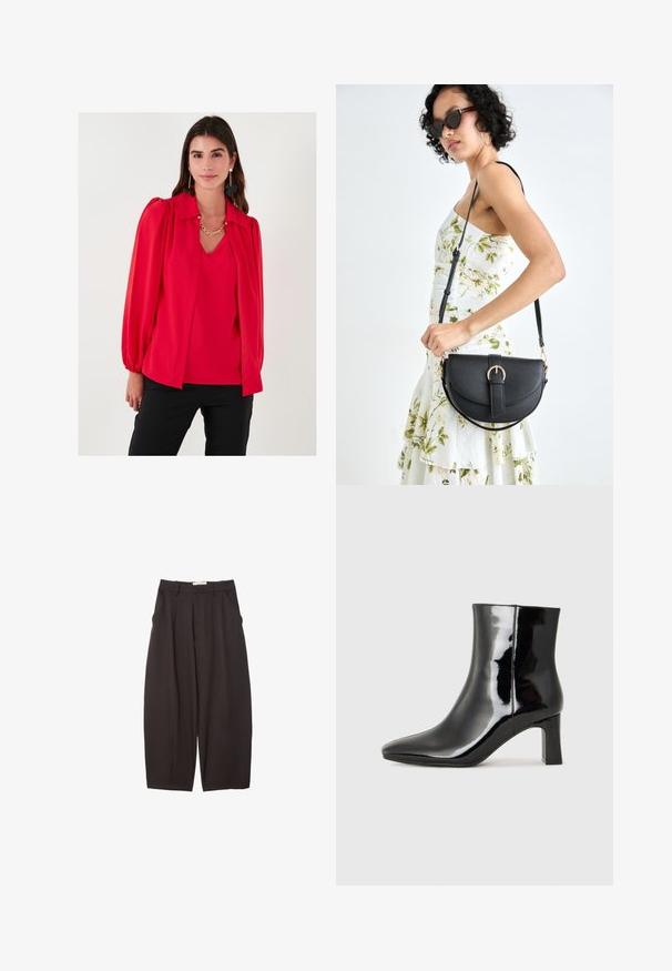 Rdeča bluzica s ovratnikom, napihnjenimi rokavi, gladko teksturo, večplastno zasnovo in V-izrezom. Oblečena čez usklajen top. Črne hlače.; Črne široke hlače iz gladkega materiala, z visokim pasom, zgornjimi pregibi in stranskimi žepi. Preprost dizajn brez okrasnih elementov.; Črne lakirane gležnjarje z ošiljenim nosom in srednje visokim blokastim peto. Gladka tekstura in minimalističen dizajn.; Črna usnjena torbica s ukrivljeno obliko, z odstranljivo naramnico in zlatimi dodatki. Torbica ima pokrov s podrobnostmi v obliki zaponke.