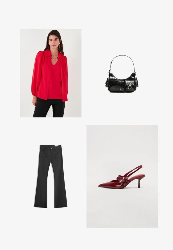 Red blouse with a collared neck, balloon sleeves, smooth texture, layered design, and v-neck. Worn over a coordinating top. Black pants.; Black flared jeans made of denim with a smooth texture, featuring two back pockets and a button closure at the waist.; Red patent leather slingback heels with a pointed toe, two buckle straps, and a slim, mid-height stiletto heel. Smooth texture.; Black patent leather handbag with a curved shape, one shoulder strap, front pockets, and silver-tone hardware accents.