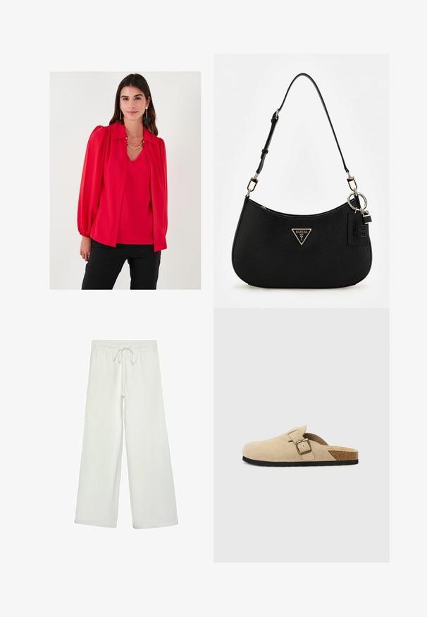 Červená blúzka s golierom, balónovými rukávmi, hladkou textúrou, vrstveným dizajnom a výstrihom do V. Nosená nad zladeným topom. Čierne nohavice.; Biele nohavice s širokými nohavicami vyrobené z mäkkej tkaniny. Majú elastický pás s šnúrkou a hladký povrch. Žiadne viditeľné vzory ani kovania.; Bežové semišové clogs na klinoch so korkovou stielkou, zaoblenou špičkou a jednoduchým remienkom so zlatým sponou. Gumová podrážka pre lepšiu priľnavosť.; Čierna syntetická plecnička s oblým siluetom, textúrovaným povrchom, zlatým trojuholníkovým logom a odnímateľnými kovovými detailmi.