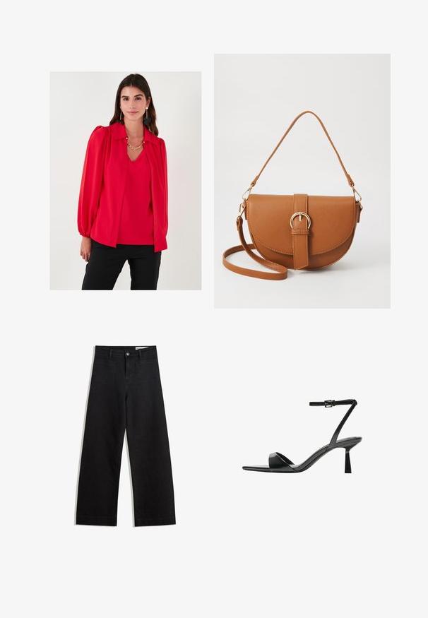 Czerwona bluzka z wyłożonym kołnierzykiem, balonowymi rękawami, gładką fakturą, warstwowym wzornictwem i dekoltem w kształcie litery V. Noszona na koordynującym topie. Czarne spodnie.; Czarne dżinsowe spodnie o szerokich nogawkach i wysokim stanie, z przednimi i tylnymi kieszeniami, przeszyciami oraz zapięciem na guziki. Gładka struktura.; Bershka - Sandały na obcasie; Brązowa skórzana torba na ramię o zaokrąglonym kształcie, ze złotymi akcentami i zapięciem w formie klamry. Posiada odpinany pasek na ramię.