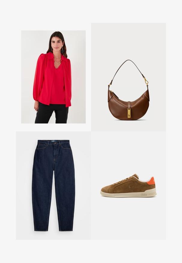 Raudona palaidinė su apykakle, burbulinėmis rankovėmis, lygiu paviršiumi, sluoksniuota išvaizda ir V formos kaklu. Apsivilkta ant derančios palaidinės. Juodos kelnės.; Tamsiai mėlynos džinsinės kelnės su tiesiu kirpimu, su oranžinėmis siūlėmis, priekyje užsegamos mygtuku ir turinčios penkias kišenes.; Rudos zomšos sportiniai bateliai su kreminiu guminio pado, su oranžiniais akcentais ant kulno ir mažo logotipo detale šone.; Ruda odinė petnešų kuprinė su išlenktu pavidalu, auksinės spalvos detalėmis, viršutiniu užsegimu ir logotipo akcentu. Glotni tekstūra su siūlėmis.