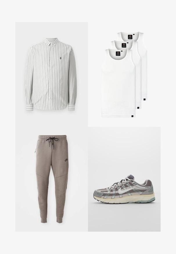 Πουκάμισο με κουμπιά, με κατακόρυφες γκρίζες και λευκές ρίγες. Μακριά μανίκια, τυπικό γιακά και ένα μικρό λογότυπο στο αριστερό στήθος. Υλικό από βαμβάκι.; Τρία λευκά ριμπ μπλουζάκια από βαμβάκι. Διαθέτουν στρογγυλή λαιμόκοψη και μικρές μαύρες ετικέτες κοντά στο στρίφωμα. Διαθέσιμα σε πολλές μεγεθύνσεις.; Γκρίζα φόρμα Nike με κορδόνι στη μέση, στενές γάμπες, πλαϊνές τσέπες και ιδιαίτερες ραφές. Μαλακό, υφασμάτινο υλικό.; Γκρίζο αθλητικό παπούτσι με επάνω μέρος από δίχτυ και σουέτ, λευκές λεπτομέρειες, απορροφητική σόλα και ξεχωριστό σχέδιο με ανακλαστικά στοιχεία.