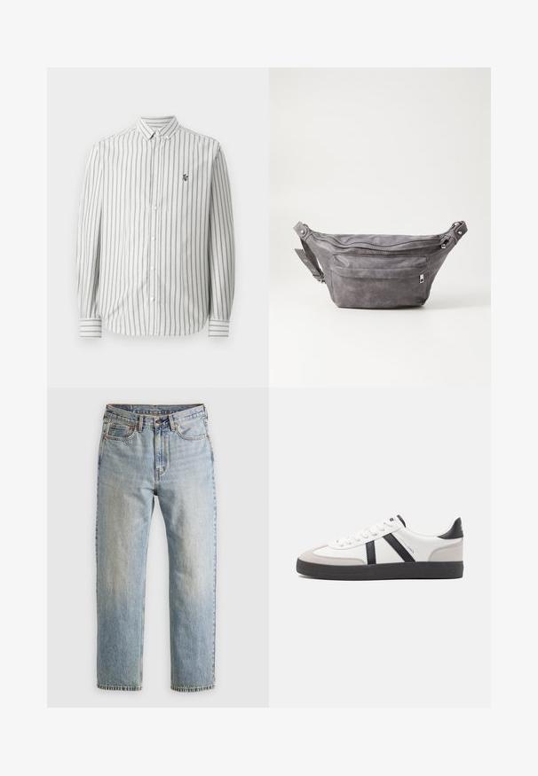 Knappskjorte med vertikale grå og hvite striper. Lange ermer, standard krage og en liten logo på venstre bryst. Laget av bomull.; Lys blå denim jeans med høy midje, frontknapp, glidelås og fem-lommers design, lagt flatt på en nøytral bakgrunn.; Hvite sneakers med svarte og grå detaljer, med en teksturert grå tåhette, svart gummisåle, og flate hvite lisser. Rent design, minimalistisk stil.; Grå semsket fanny pack med avrundet form, to glidelåslommer og justerbar stropp. Har metallbeslag som detaljer.