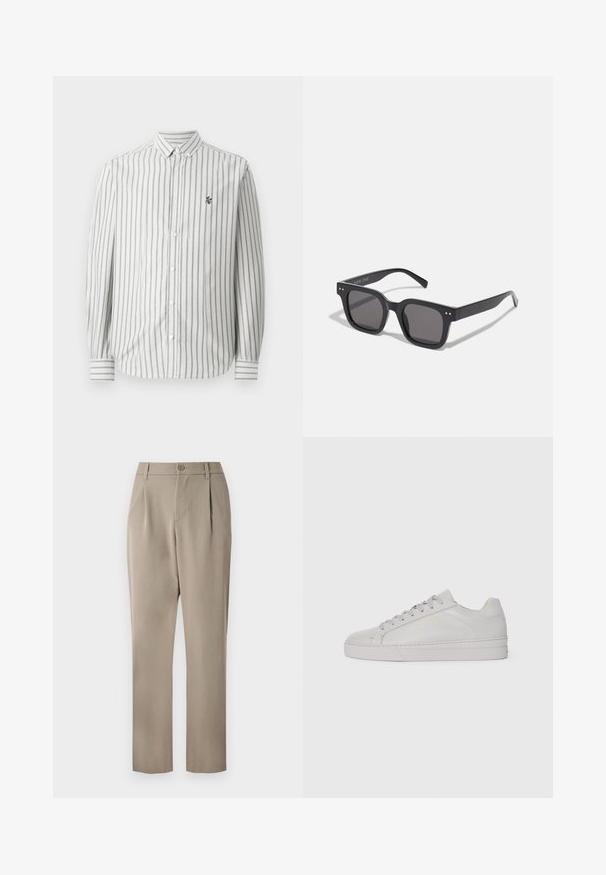 Chemise à boutons avec des rayures verticales grises et blanches. Manches longues, col standard et un petit logo sur la poitrine gauche. Matériau en coton.; Pantalon khaki avec une coupe droite, doté d'une fermeture à bouton et d'un devant plissé. Fabriqué en tissu lisse avec une finition mate.; Baskets en cuir gris clair avec une texture lisse, bout arrondi, semelle en caoutchouc plate et lacets ton sur ton. Présente un minimalisme de la marque en doré.; Lunettes de soleil noires rectangulaires avec des verres foncés, arborant une monture épaisse, des accents subtils sur les côtés et aucun logo visible en dehors du nom de la marque.; Collier argent multi-couches présentant divers designs de chaîne, y compris des styles en maillons et en curb, avec un fermoir en langouste et une chaîne d'extension.