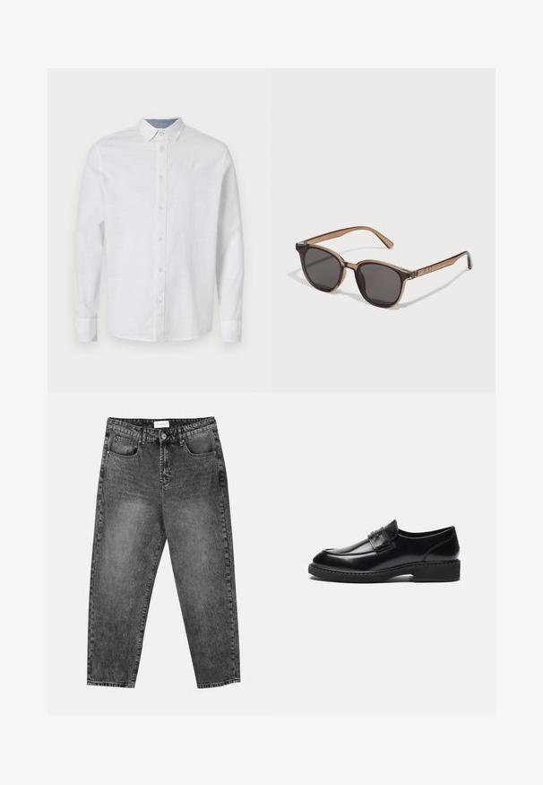 White long-sleeve shirt in lightweight fabric with a button-up front, collar, and subtle texture. Includes a contrast inner collar detail.; Set of five short-sleeve t-shirts in white, beige, light gray, dark gray, and black. Made of smooth cotton, featuring crew neck design.; Black washed straight-leg jeans with front and back pockets, belt loops, and a button closure at the waist.; Zign LEATHER - Smart slip-ons - black; Brown plastic sunglasses with dark lenses, rounded shape, and tapered arms. Notable embellishment on the temples.; Black duffel bag with thick handles and a detachable strap. Made of smooth fabric, featuring a zip closure and minimalist design.
