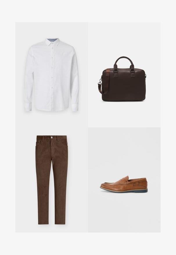 Bela srajca z dolgimi rokavi iz lahkega blaga z gumbastim zapenjanjem spredaj, ovratnikom in subtilno teksturo. Vključuje kontrastno podrobnost na notranji strani ovratnika.; Rjave kordurojske hlače ravnega kroja, z gumbom za zapiranje, sprednjimi žepi in vertikalno rebrasto teksturo po celotni površini.; Rjavi usnjeni loafers s okroglo konico, šivi na površini in nizkim gumijastim podplatom. Oblikovanje vključuje pas čez zgornji del.; Rjava usnjena torba za prenosni računalnik z teksturirano površino, dvema zgornjima ročajema, nastavljivim trakom in dvema sprednjima sponkama za dodatne podrobnosti.