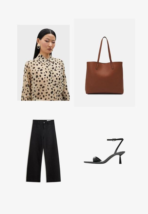 Béžová, průhledná blůza s černým tečkovaným vzorem, zapínání na knoflíky vpředu a špičatým límečkem. Modelka nosí velké, geometrické náušnice.; Černé denimové kalhoty s volným střihem a vysokým pasem, vybavené předními a zadními kapsami, prošívanými švy a knoflíkovým zapínáním. Hladká textura.; Bershka Sandály na vysokém podpatku - black; Hnědá kožená taška přes rameno s hladkou texturou, otevřeným designem a dvěma ramenními popruhy. Obsahuje minimální švy a žádné viditelné kovové prvky.